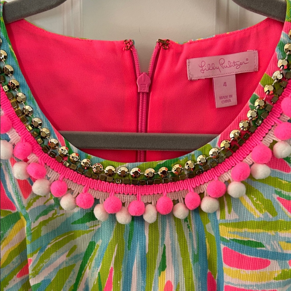 Lilly Pulitzer Pink and Green Dress with Pom Pom Detail